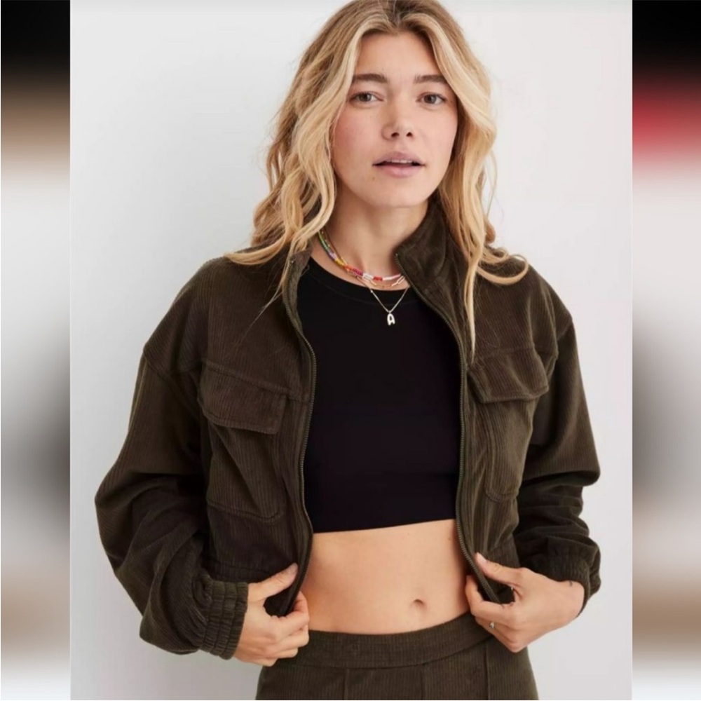 Aerie Groove On Olive Green Corduroy Velour Cropped Full Zip Jacket Large